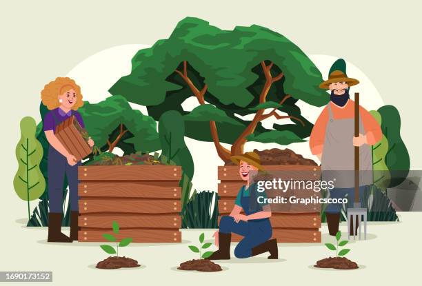 illustrazioni stock, clip art, cartoni animati e icone di tendenza di ciclo di compostaggio da organico. i giardinieri producono compost dai rifiuti organici del giardino. - manure pile