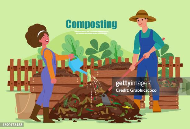 gardeners make compost from organic garden waste. a young woman waters to increase the texture of a compost heap. - compost pile stock illustrations