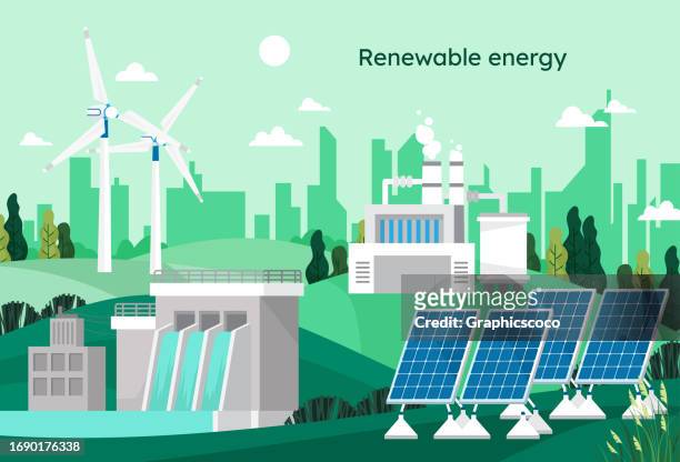 illustrations, cliparts, dessins animés et icônes de pour un monde propre et durable, les énergies renouvelables sont utilisées pour réduire la pollution, telles que les centrales bioélectriques, les centrales hydroélectriques, les éoliennes et les cellules solaires. - barrage