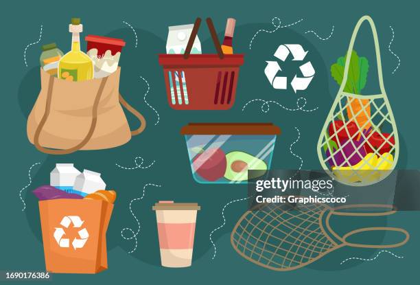 bildbanksillustrationer, clip art samt tecknat material och ikoner med zero waste shopping bag illustration set from recycle matterial eco-friendly. - rotting