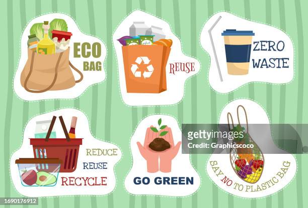 bildbanksillustrationer, clip art samt tecknat material och ikoner med zero waste shopping bag illustration sticker set from recycle matterial eco-friendly. - rotting