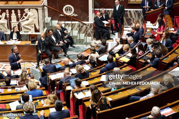 French Minister for Ecological Transition and Territories' Cohesion Christophe Bechu speaks during a session of questions to the goverment at the...