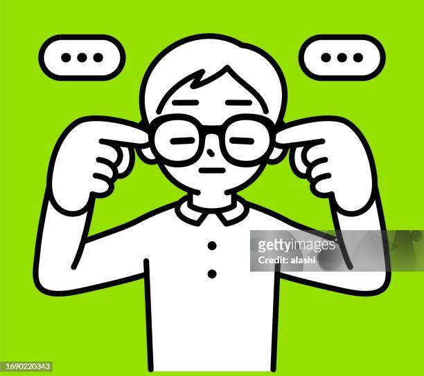 a boy wearing horn-rimmed glasses with his forefingers in his ears, hearing no evil, with his eyes closed, no fake news, minimalist style, black and white outline - see no evil stock illustrations