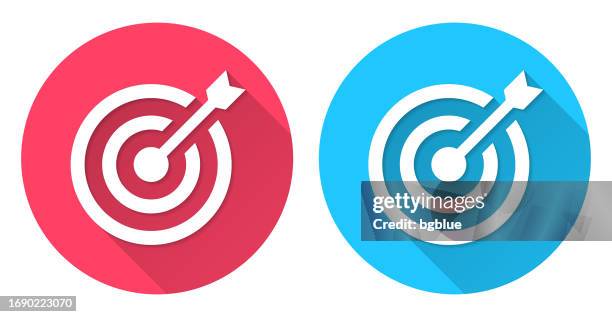 target. round icon with long shadow on red or blue background - objective vector stock illustrations