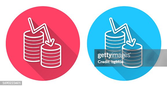 Money decrease. Round icon with long shadow on red or blue background Money decrease. Round icon with long shadow on red or blue background