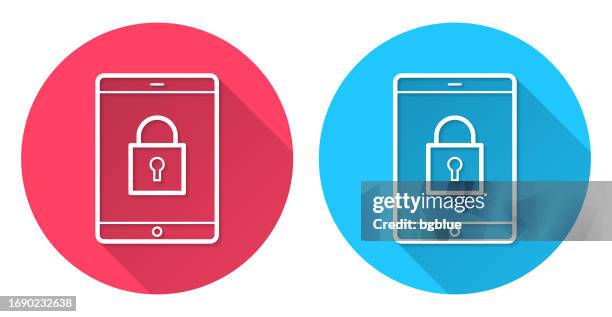 tablet pc with padlock. round icon with long shadow on red or blue background - password protected tablet stock illustrations