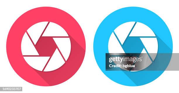 camera shutter. round icon with long shadow on red or blue background - double exposure tech stock illustrations