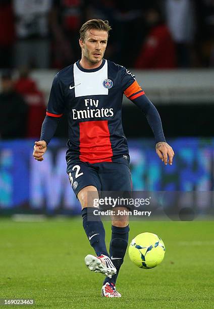 David Beckham of PSG in action during the Ligue 1 match between Paris Saint-Germain FC and Stade Brestois 29 at the Parc des Princes stadium on May...
