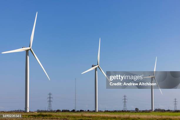 The onshore wind turbines of Little Cheyne Court Wind Farm owned by RWE on the 25th of September 2023 in Romney Marsh, United Kingdom. There are 26...