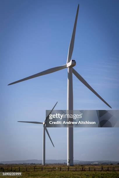 The onshore wind turbines of Little Cheyne Court Wind Farm owned by RWE on the 25th of September 2023 in Romney Marsh, United Kingdom. There are 26...