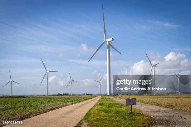 The onshore wind turbines of Little Cheyne Court Wind Farm owned by RWE on the 25th of September 2023 in Romney Marsh, United Kingdom. There are 26...