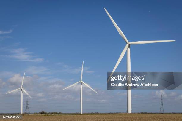 The onshore wind turbines of Little Cheyne Court Wind Farm owned by RWE on the 25th of September 2023 in Romney Marsh, United Kingdom. There are 26...