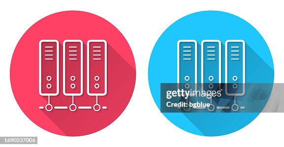 Computer server. Round icon with long shadow on red or blue background Computer server. Round icon with long shadow on red or blue background