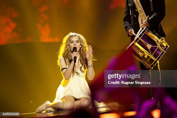 Emmelie de Forest of Denmark performs on stage during the grand final of the Eurovision Song Contest 2013 at Malmo Arena on May 18, 2013 in Malmo,...