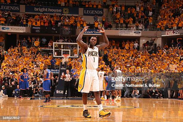 Lance Stephenson of the Indiana Pacers reacts to crowd support after a win against the New York Knicks in Game Six of the Eastern Conference...