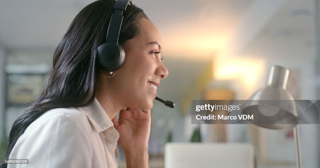 Face, woman and call center headset office at night for customer service, crm and network. Headshot of friendly consultant or contact us agent for telemarketing, sales or advice for technical support