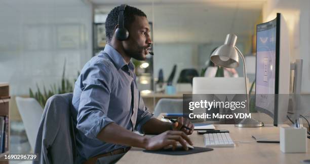 business, call center or black man with telemarketing, computer or internet with connection in workplace. african person, employee or worker with pc, headphones or customer service with tech support - bluetooth stock pictures, royalty-free photos & images