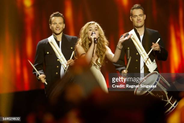 Emmelie de Forest of Denmark performs on stage during the grand final of the Eurovision Song Contest 2013 at Malmo Arena on May 18, 2013 in Malmo,...