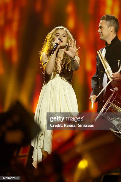 Emmelie de Forest of Denmark performs on stage during the grand final of the Eurovision Song Contest 2013 at Malmo Arena on May 18, 2013 in Malmo,...