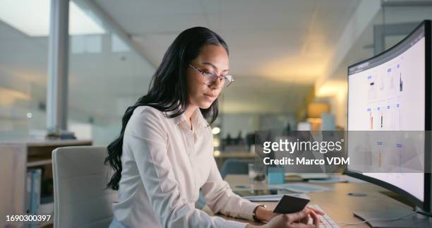 business, credit card and woman with computer, ecommerce and online shopping in a workplace. person, employee and consultant with banking, pc and purchase with transaction and payment in an office - paid search stock pictures, royalty-free photos & images