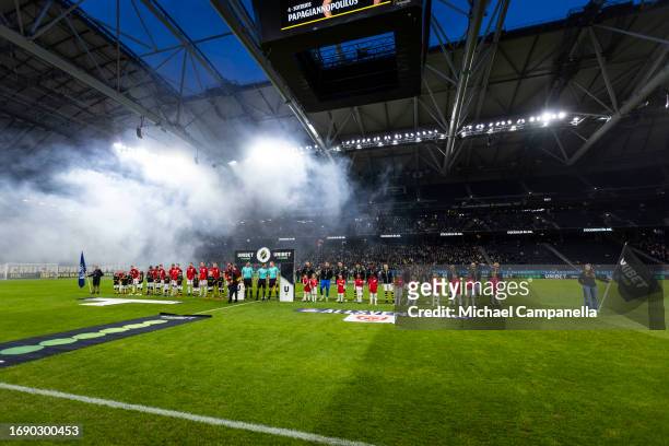 And Degerfors players in a lineup during an Allsvenskan match between AIK and Degerfors IF at Friends Arena on September 18, 2023 in Solna, Sweden.