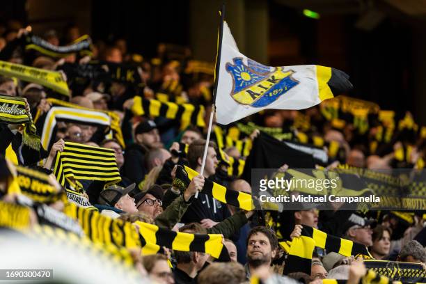 Supporters during an Allsvenskan match between AIK and Degerfors IF at Friends Arena on September 18, 2023 in Solna, Sweden.