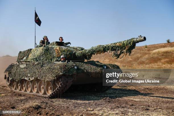 Ukrainian military conduct training on tanks at the test site on September 18, 2023 in Ukraine. Ukraine got tanks as part of international military...