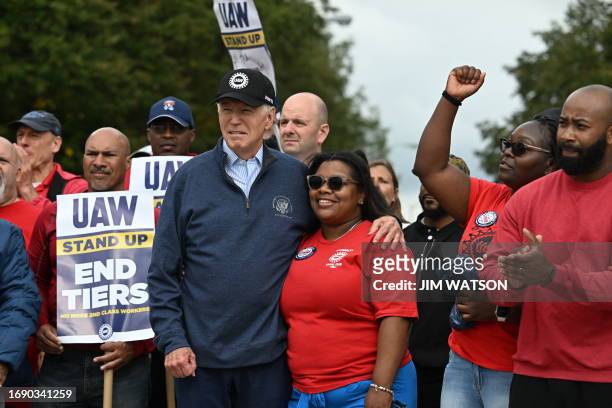 President Joe Biden joins a picket line with members of the United Auto Workers union at a General Motors Service Parts Operations plant in...