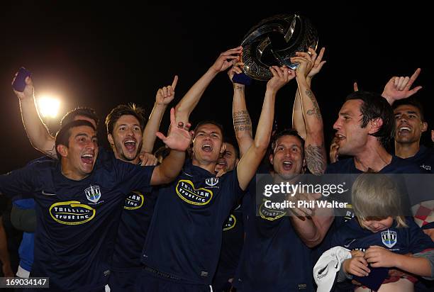 Auckland celebrate with the OFC Champions League trophy following the OFC Champions League Final match between Auckland and Waitakere at Mt Smart...