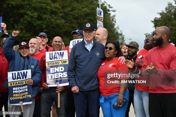 President Joe Biden joins a picket line with members of the United Auto Workers union at a General Motors Service Parts Operations plant in...