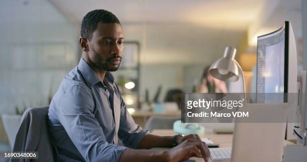 software designer, engineer or businessman typing on laptop for information technology or cyber security. computer, search or black man reading web design data for iot digital transformation at night - analysing stock pictures, royalty-free photos & images