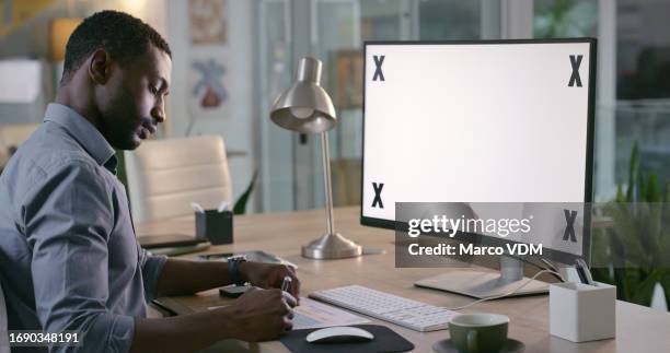 software designer, computer mockup or programmer writing notes of information technology or cyber security. pc screen space, chroma key or black man with web design code for digital data in office - security screen computer stock pictures, royalty-free photos & images