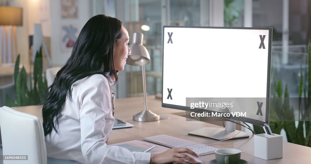Mockup screen, night and a woman with a computer for online marketing, research and business. Happy, space and an employee with tracking markers on a pc for a review, website analysis or inspiration