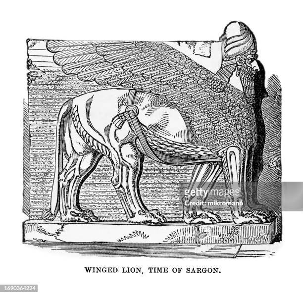 old engraved illustration of babylonian and assyrian art - a human-headed winged bull known as a lamassu from dur-sharrukin, neo-assyrian period, ca. 721–705 bc - bull statue stock pictures, royalty-free photos & images