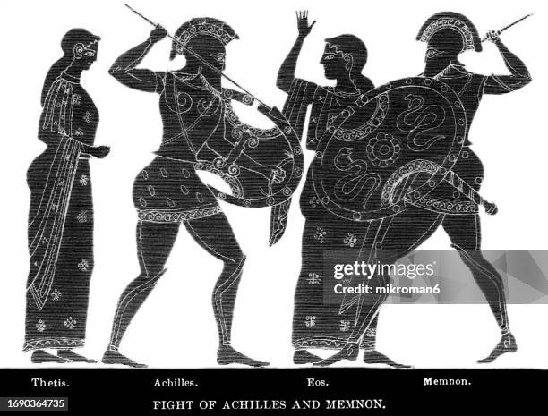 old engraved illustration of trojan war heroes: fight of achilles and memnon - greek art (from an archaic vase) - antike kultur stock-fotos und bilder