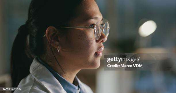 healthcare, doctor and thinking of medical analysis with focus for patient information, research and neurology in office. professional, woman and vision or idea for operation or wellness at workplace - neurologist stock pictures, royalty-free photos & images