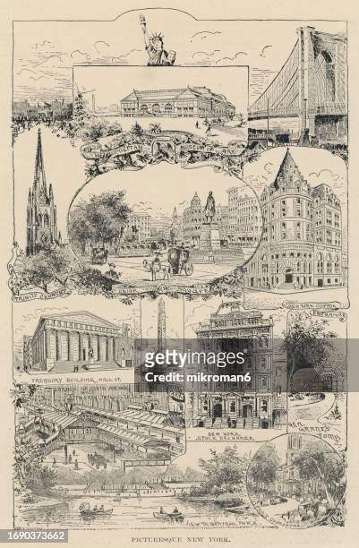 old engraved illustration of picturesque new york - new york harbour stock pictures, royalty-free photos & images
