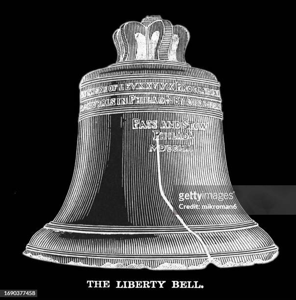 old engraved illustration of liberty bell in philadelphia, pennsylvania - liberty bell philadelphia stock pictures, royalty-free photos & images