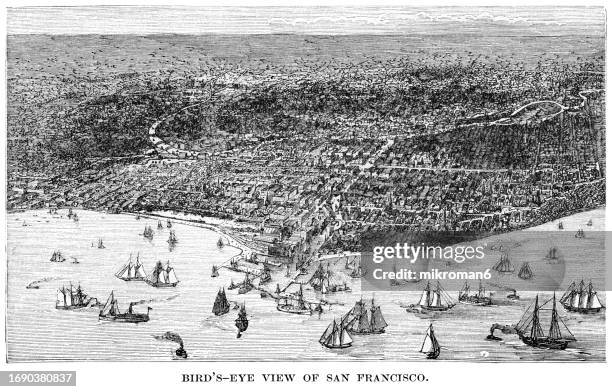 old engraved illustration of bird's eye view of san francisco city, california - san-francisco-bay-area-and-skyline-drawing stock pictures, royalty-free photos & images