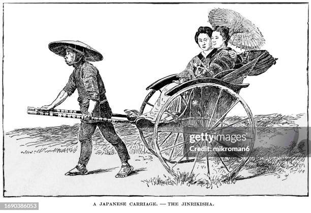 old engraved illustration of a japanese carriage - the jinrikisha or rickshaw - used stock pictures, royalty-free photos & images