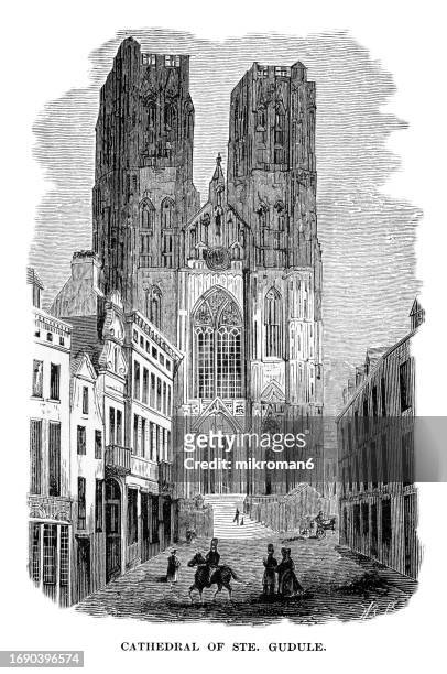 old engraved illustration of the cathedral of st. michael and st. gudula (cathedral of st. gudula) a medieval roman catholic cathedral in central brussels, belgium - cathedral of st michael and st gudula fotografías e imágenes de stock