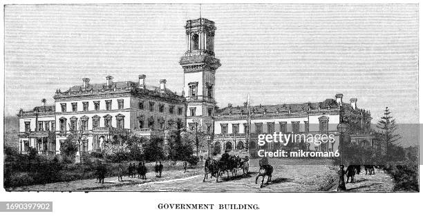 old engraved illustration of government house is the official residence of the governor of victoria, located in kings domain, melbourne, australia, next to the royal botanic gardens - colonialism stock pictures, royalty-free photos & images