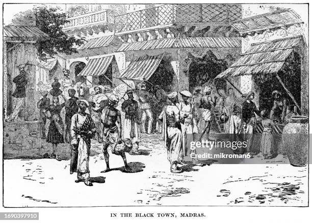old engraved illustration of in the black town, madras - chennai stock pictures, royalty-free photos & images