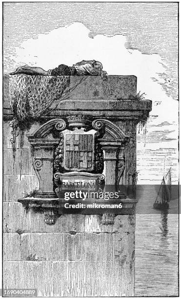 old engraved illustration of barcelona coat of arms, city on the coast of northeastern spain - crest logo stock pictures, royalty-free photos & images
