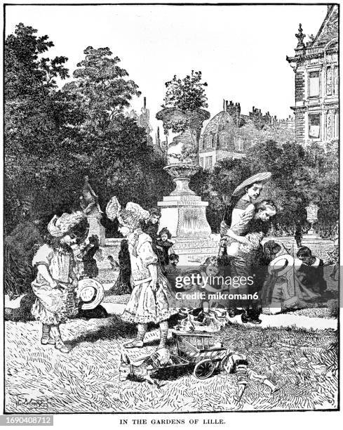 old engraved illustration in the gardens of lille (the island, until the 18th century) city in the northern part of france, in french flanders on the river deûle - lille stock pictures, royalty-free photos & images