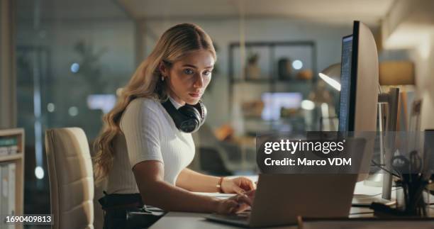 technology, night and woman web developer in office doing research on laptop for coding. computer, coder and professional female designer from australia working on development overtime in workplace. - seo stock pictures, royalty-free photos & images