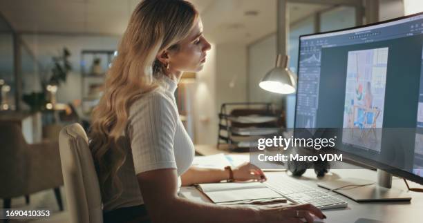night, business woman and graphic designer on computer in office at table working on deadline. creative, serious and professional at desk, editing photo on software and focus on retouching in startup - design professional photos stock pictures, royalty-free photos & images