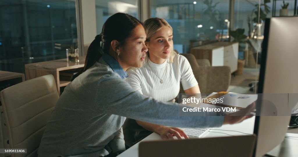 Teamwork, computer and people programming in the office doing research on laptop for coding. Technology, coders and professional women in discussion working on project in collaboration in workplace.