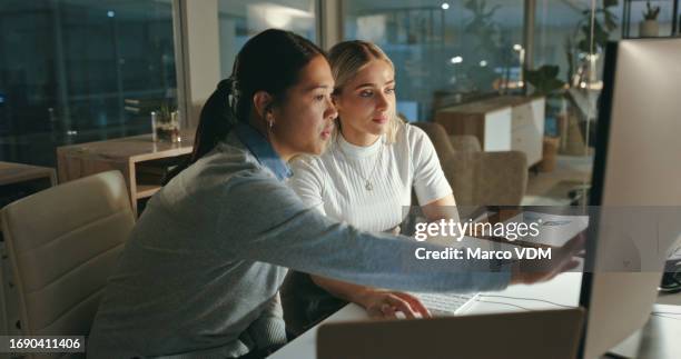 teamwork, computer and people programming in the office doing research on laptop for coding. technology, coders and professional women in discussion working on project in collaboration in workplace. - network security stock pictures, royalty-free photos & images