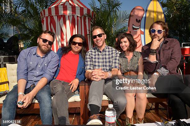 Joe Lester, Christopher Guanlao, Nikki Monninger and Brian Aubert of Silversun Pickups and DJ Stryker backstage at KROQ Weenie Roast Y Fiesta at...